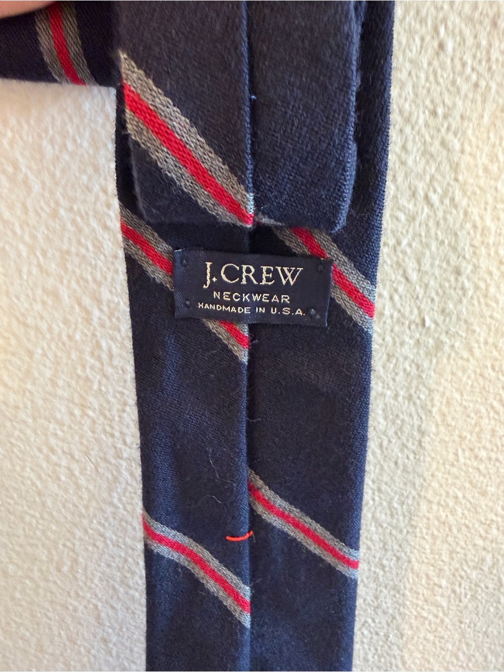 J. Crew Navy Blue Striped Wool Tie with Red and Gray Accent